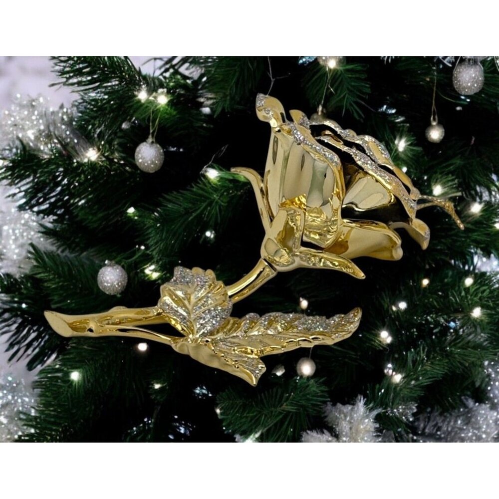 Vintage Gold Tone Rose Christmas Tree Ornament Flower with Glitter Accents